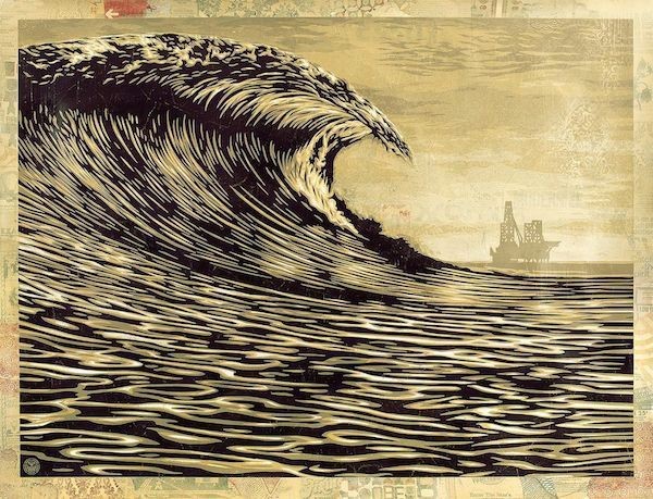 «Новая волна» (This New Wave Is A LIttle Slick For My Taste, 2014) Шепарда Фейри — копия «Большой Волны в Канагава» Кацусика Хокусай